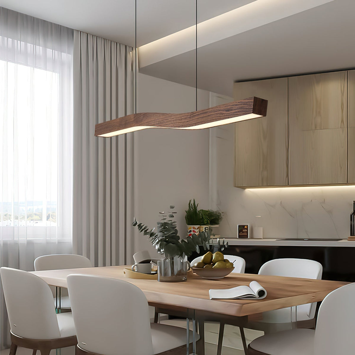 Modern Wave Pendant Light with Walnut-Finish Metal Frame & Dimmable LED for Dining Room Kitchen