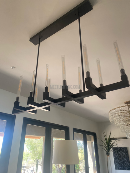 Linear Dining Room Chandelier 67 in Brass & Ribbed Glass 12-Light for Kitchen Island Entryway Foyer