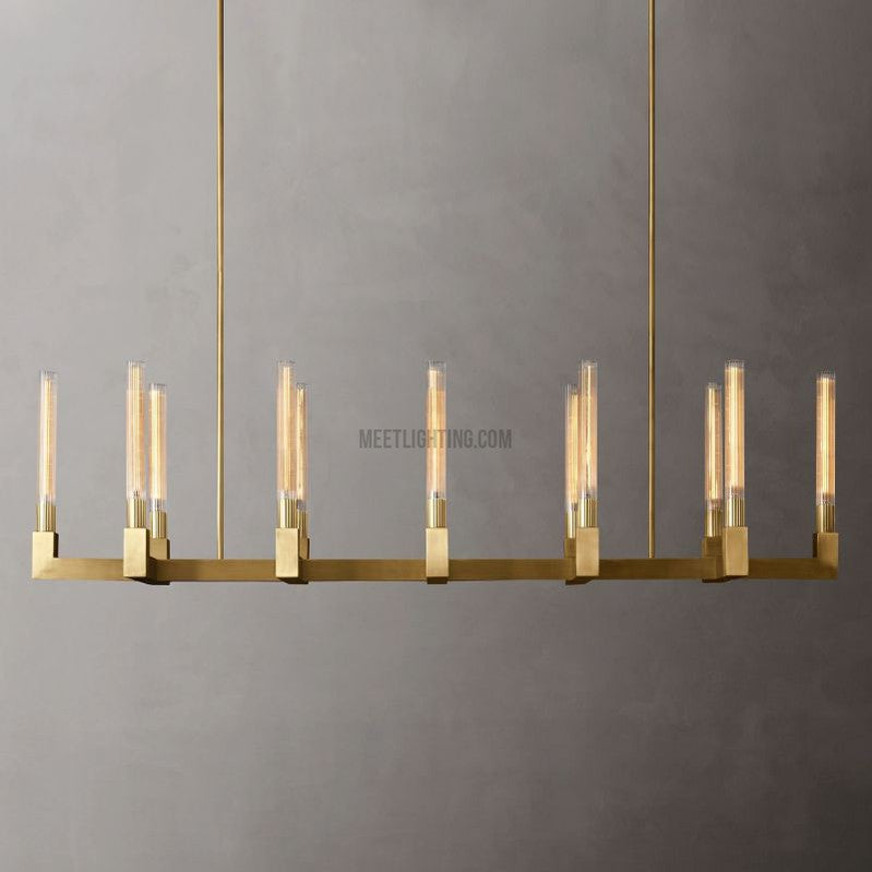 Linear Dining Room Chandelier 67 in Brass & Ribbed Glass 12-Light for Kitchen Island Entryway Foyer