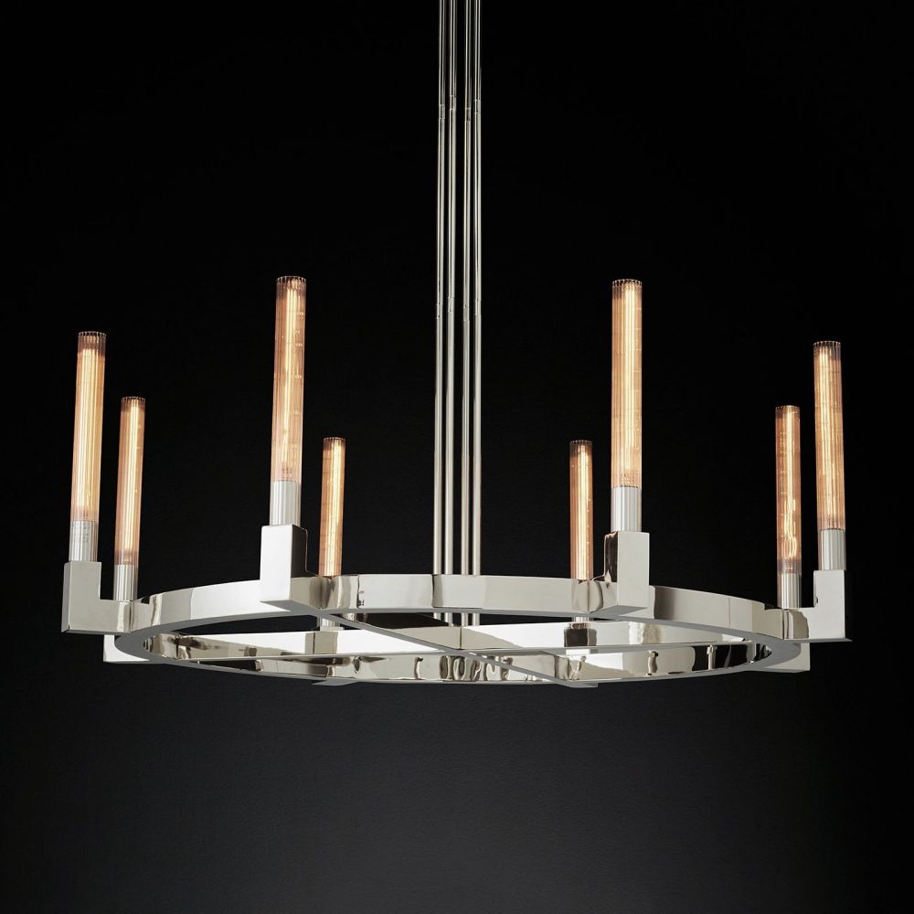 Fluted Glass Ring Chandelier 8-16 Lights Brass Nickel or Black 36-72 Inch Adjustable Height for Dining Room Foyer Living Room Large