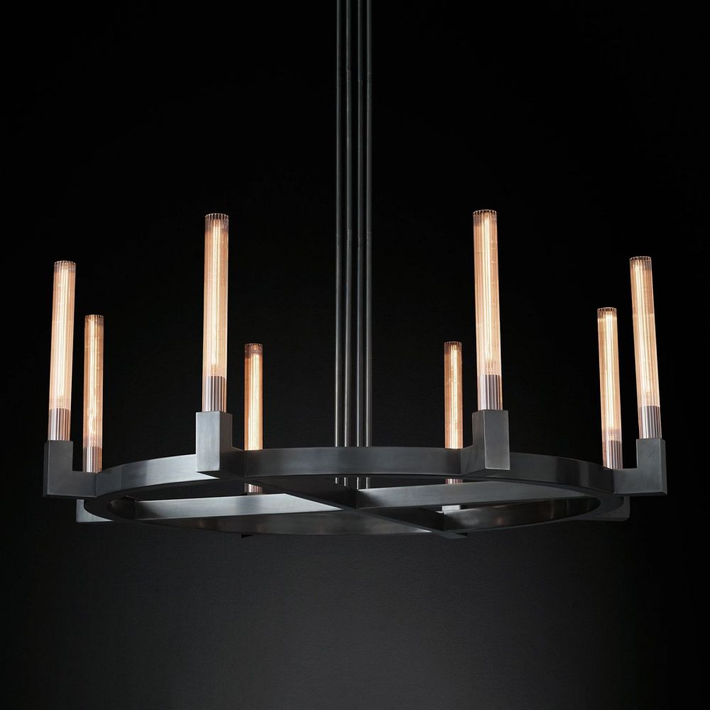 Fluted Glass Ring Chandelier 8-16 Lights Brass Nickel or Black 36-72 Inch Adjustable Height for Dining Room Foyer Living Room Large