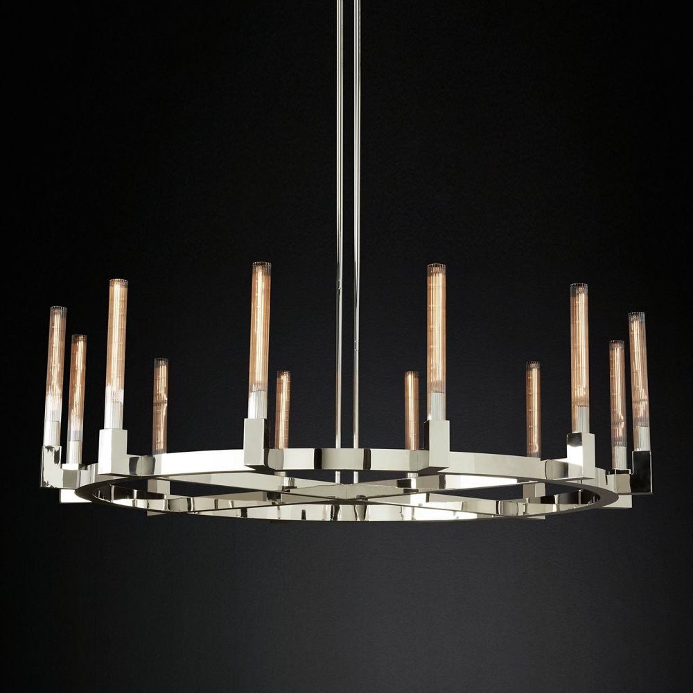Fluted Glass Ring Chandelier 8-16 Lights Brass Nickel or Black 36-72 Inch Adjustable Height for Dining Room Foyer Living Room Large