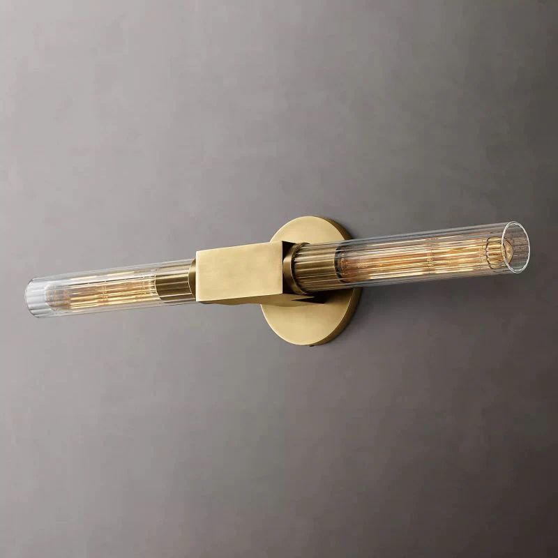 Ribbed Glass Linear Vanity Light 2-Bulb Brass Wall Fixture for Bathroom Living Room Bedroom Hallway