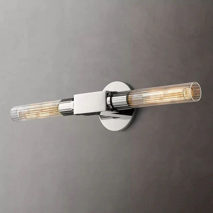 Ribbed Glass Linear Vanity Light 2-Bulb Brass Wall Fixture for Bathroom Living Room Bedroom Hallway