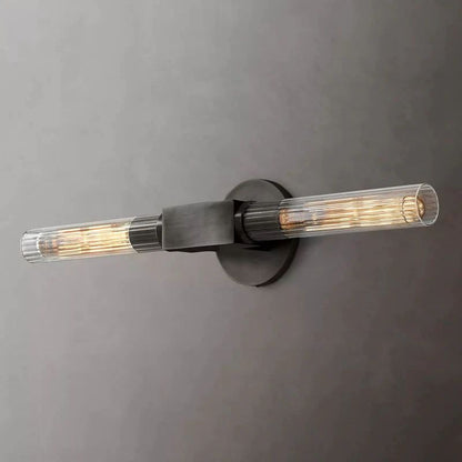 Ribbed Glass Linear Vanity Light 2-Bulb Brass Wall Fixture for Bathroom Living Room Bedroom Hallway