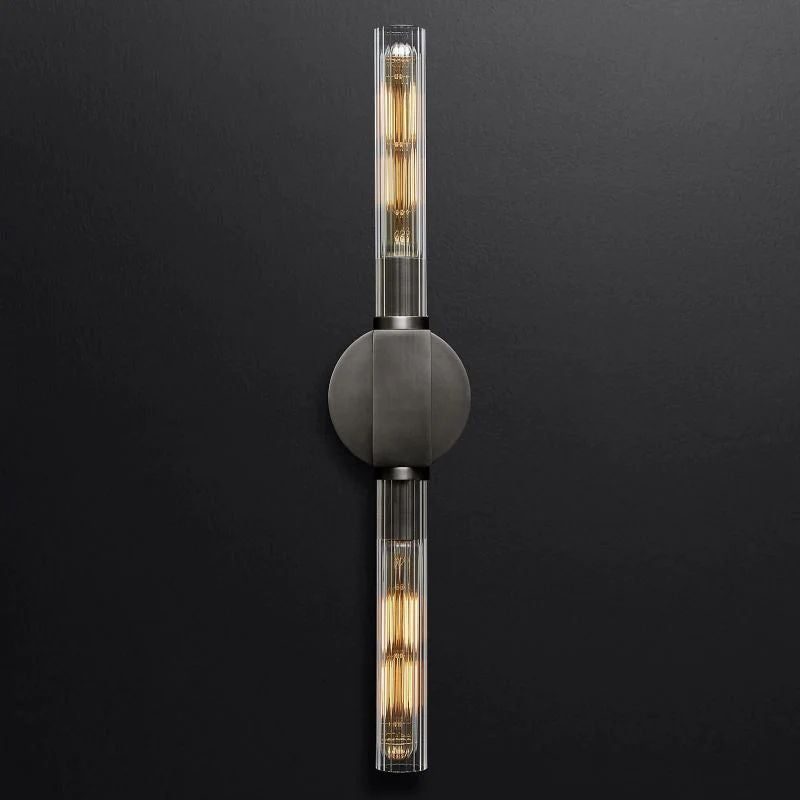 Ribbed Glass Linear Vanity Light 2-Bulb Brass Wall Fixture for Bathroom Living Room Bedroom Hallway