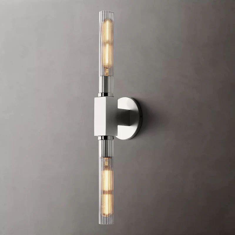 Ribbed Glass Linear Vanity Light 2-Bulb Brass Wall Fixture for Bathroom Living Room Bedroom Hallway