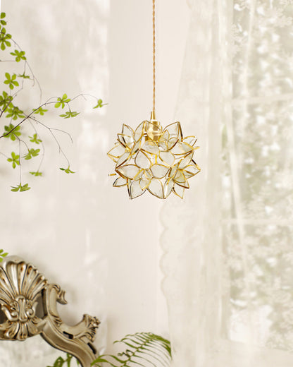 Glass Globe Ceiling Light with Floral Detail, 8-Inch Brass Hanging Fixture for Dining Room & Bedroom Ambient Lighting