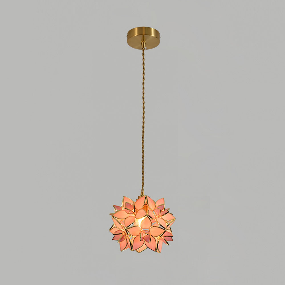 Glass Globe Ceiling Light with Floral Detail, 8-Inch Brass Hanging Fixture for Dining Room & Bedroom Ambient Lighting
