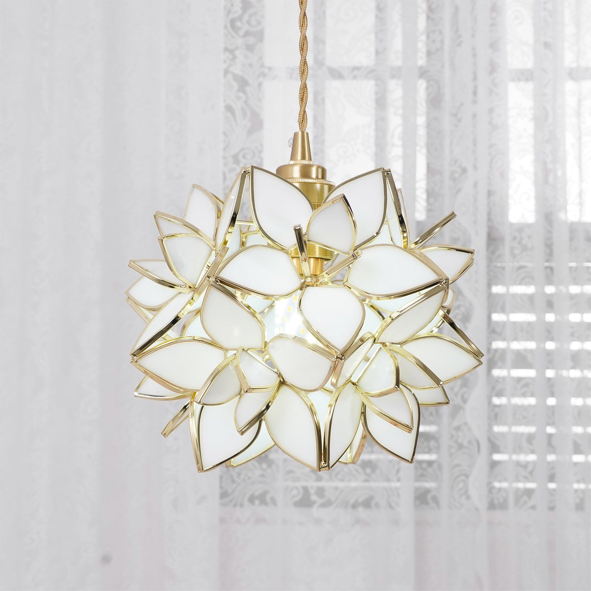 Glass Globe Ceiling Light with Floral Detail, 8-Inch Brass Hanging Fixture for Dining Room & Bedroom Ambient Lighting