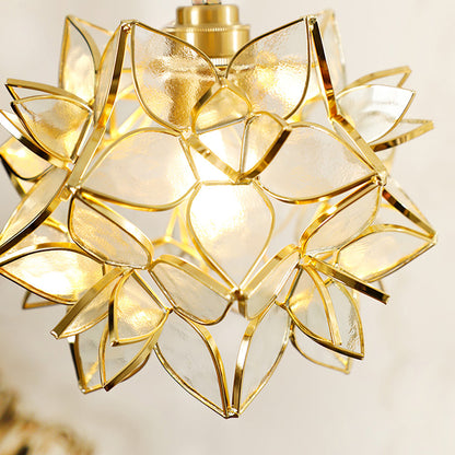 Glass Globe Ceiling Light with Floral Detail, 8-Inch Brass Hanging Fixture for Dining Room & Bedroom Ambient Lighting