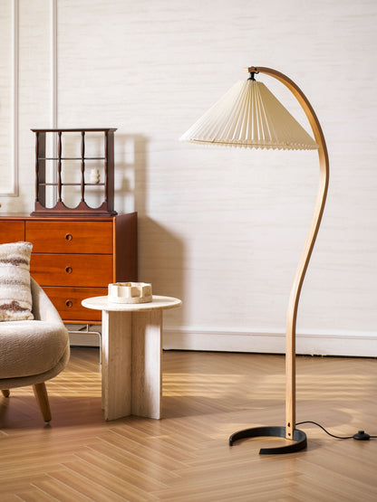 Arched Wood Reading Lamp with Fabric Shade 59 in Tall Modern Over-Sofa Light Natural Finish for Living Rooms Bedrooms Minimalist Standing La