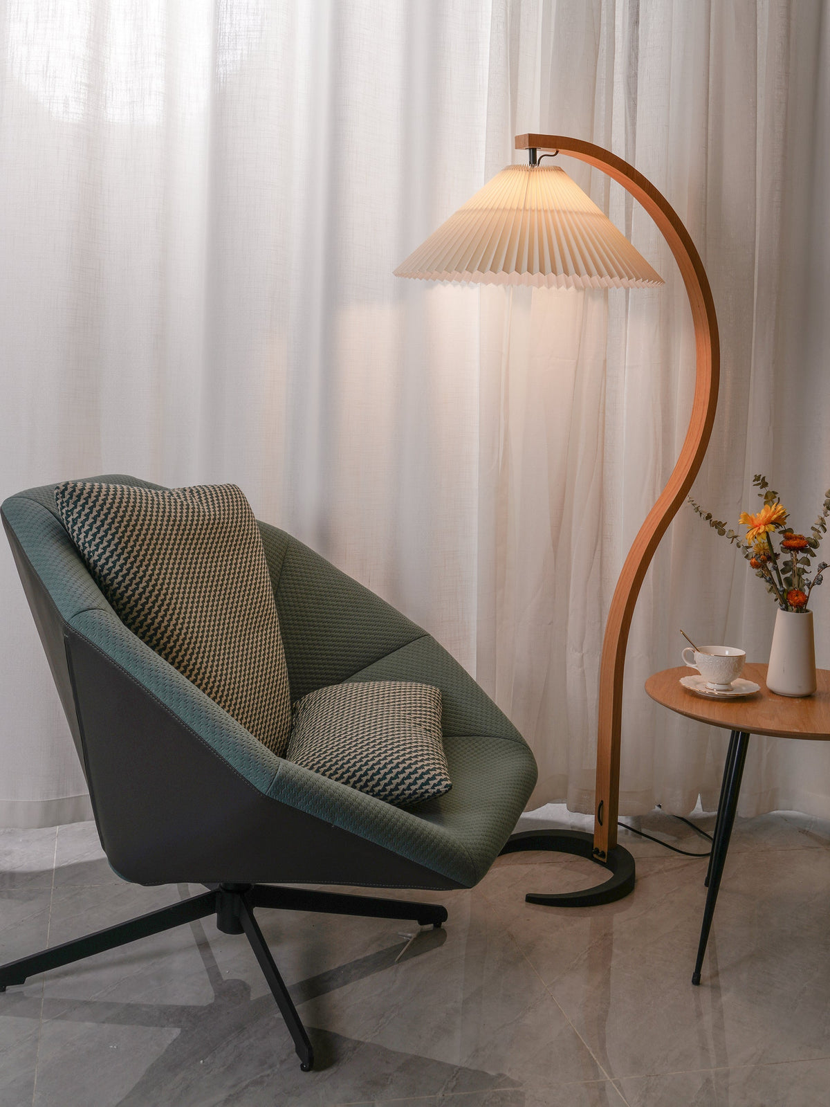 Arched Wood Reading Lamp with Fabric Shade 59 in Tall Modern Over-Sofa Light Natural Finish for Living Rooms Bedrooms Minimalist Standing La