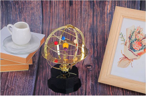 Handcrafted Mechanical Solar System Model with 5 Orbiting Planets & Moon on Oak Base | Desktop Planetarium Orrery for Office, Study & Home