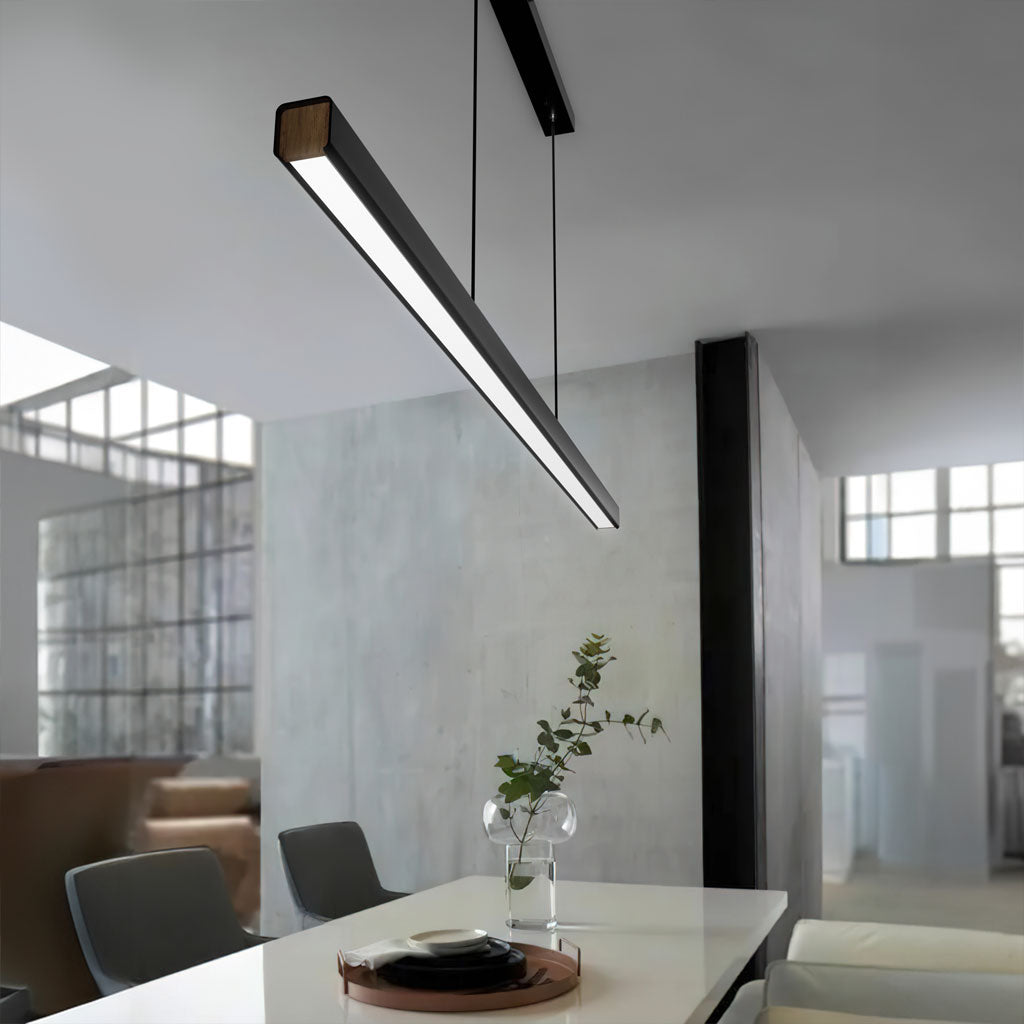 Hanging Light Fixture for Kitchen Island & Dining Room | Wood & Metal Linear Bar 31.5-71 in | Height-Adjustable Overhead LED | Remote-Contro