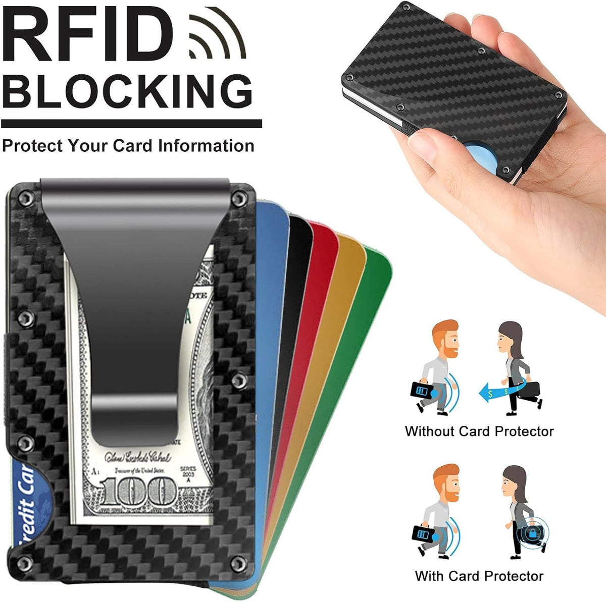 Mens Wallet with Money Clip, Minimalist Wallet, RFID Blocking Wallet, Slim Carbon Fiber Card Holder for 12 Cards