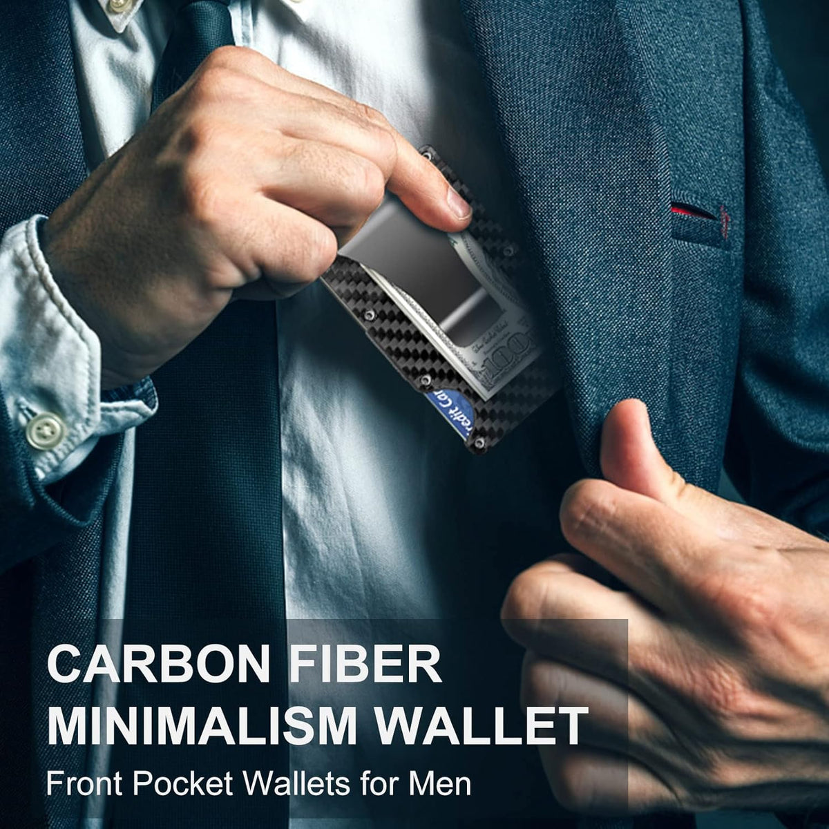 Mens Wallet with Money Clip, Minimalist Wallet, RFID Blocking Wallet, Slim Carbon Fiber Card Holder for 12 Cards