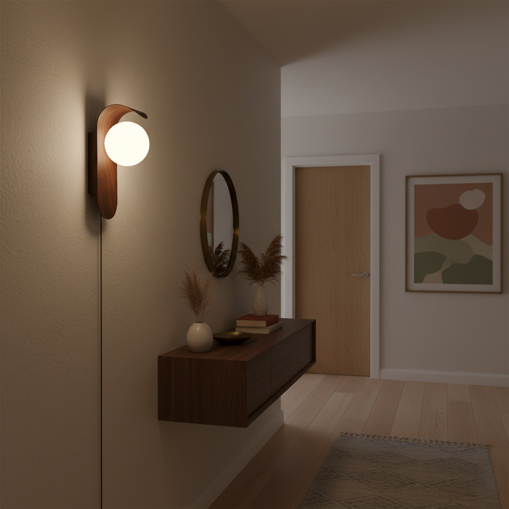 Plug-In Sconce with Frosted Globe and Wood Accent – 10 Inch Height for Bedroom Bathroom Hallway – G9 Socket Dimmable Fixture – Natural or Wa