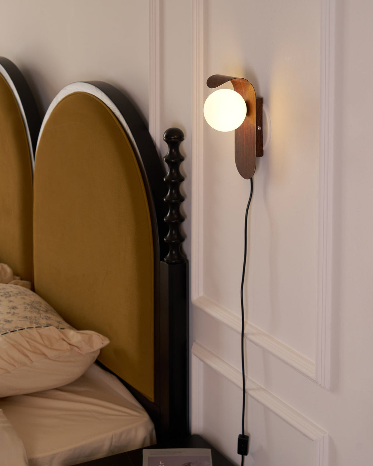 Plug-In Sconce with Frosted Globe and Wood Accent – 10 Inch Height for Bedroom Bathroom Hallway – G9 Socket Dimmable Fixture – Natural or Wa