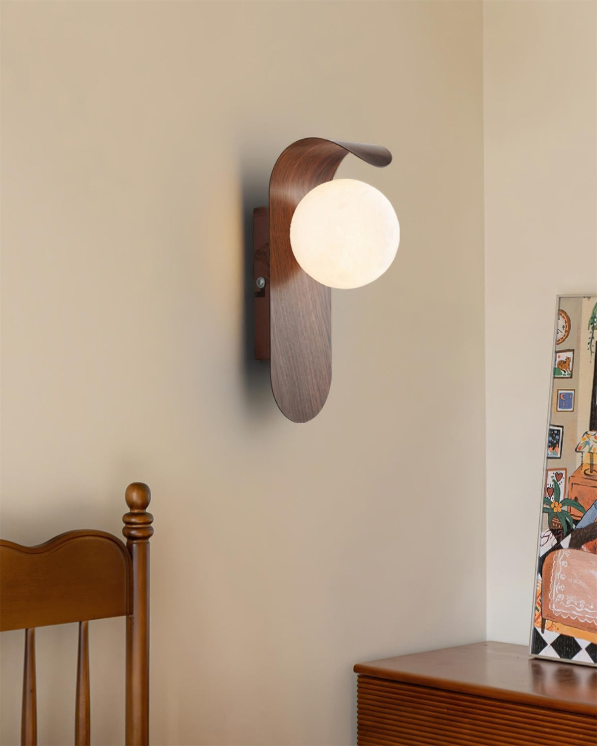 Spherical Sconce with Timber Accent – Frosted Orb Fixture for Bathrooms, Hallways & Bedrooms – Dimmable G9 Base