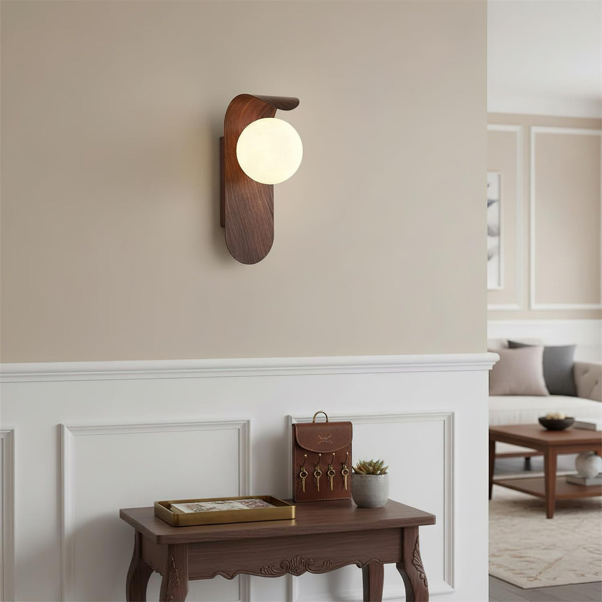 Spherical Sconce with Timber Accent – Frosted Orb Fixture for Bathrooms, Hallways & Bedrooms – Dimmable G9 Base