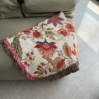 Carmen Floral Throw Blanket - Soft Polyester Cotton Blend, Rustic Tassels