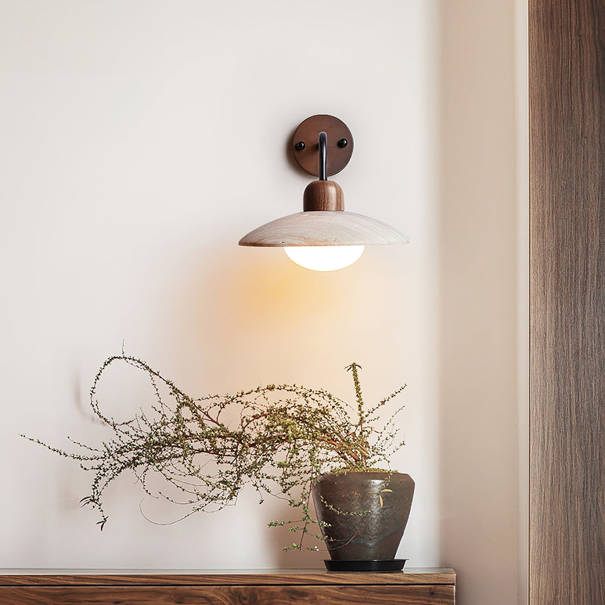 Curved Stone Sconce with Mixed-Material Arm for Bedside & Bath Vanity Reading Light Warm Organic Bedroom Hallway Entryway Accent