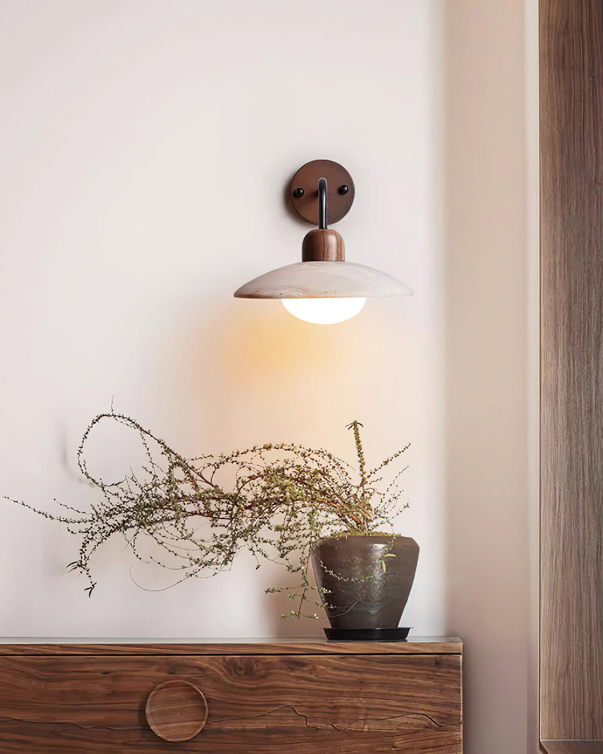 Curved Stone Sconce with Mixed-Material Arm for Bedside & Bath Vanity Reading Light Warm Organic Bedroom Hallway Entryway Accent