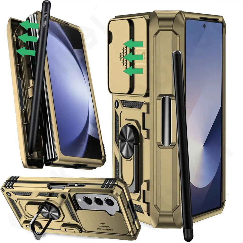 Protective Foldable Phone Case with Sliding Camera Guard, Ring Stand & Stylus Slot for Samsung Galaxy Z Fold 7, Z Fold 6, Z Fold 5