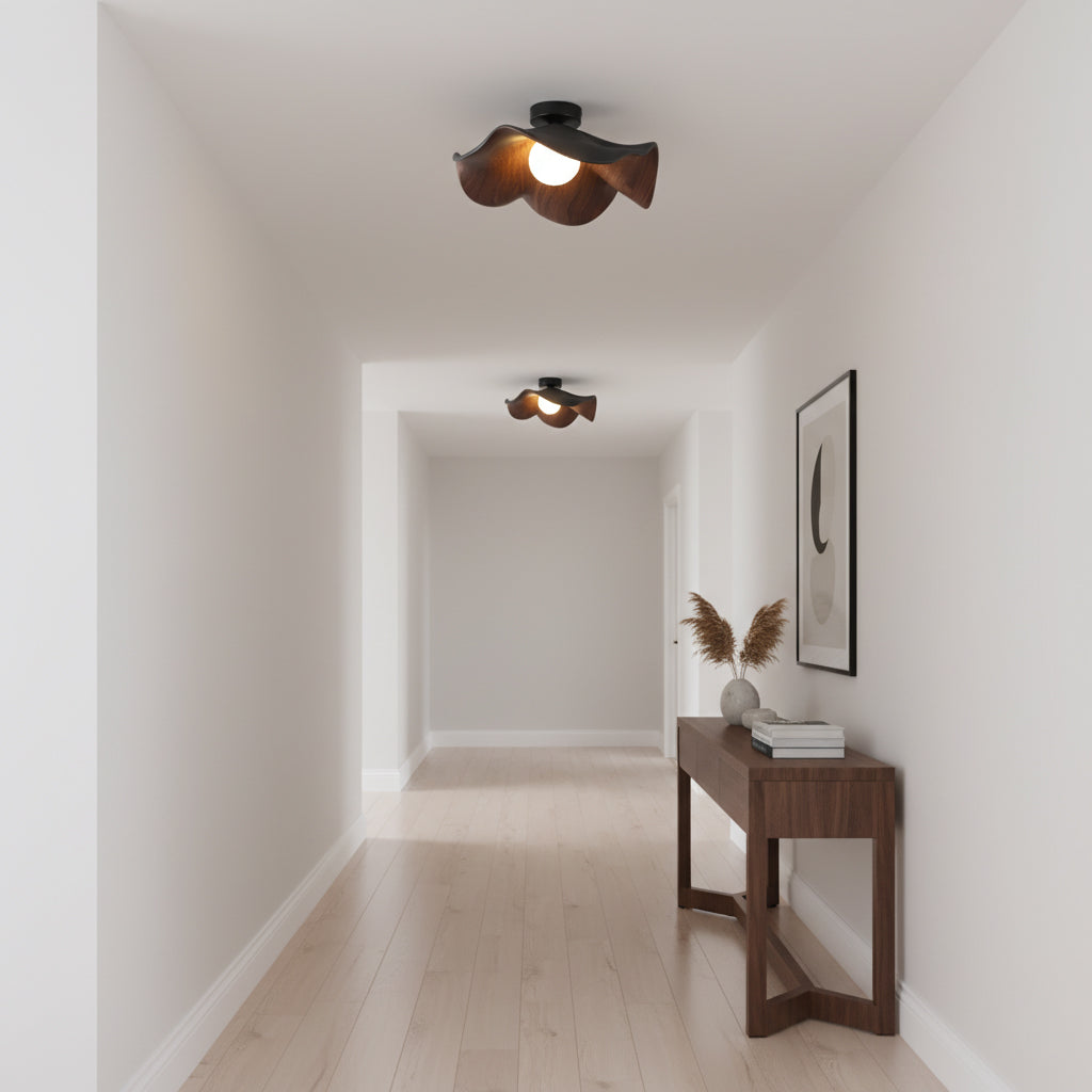 Flush Mount Light Fixture 11 in Resin Wood-Look Finish for Bathroom Hallway Entryway Wall or Ceiling Modern Low Profile Ambient Lighting G9