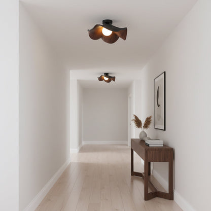 Flush Mount Light Fixture 11 in Resin Wood-Look Finish for Bathroom Hallway Entryway Wall or Ceiling Modern Low Profile Ambient Lighting G9