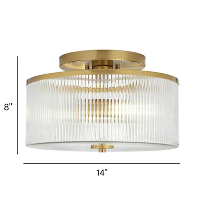 Dual-Socket Flush-Mount Fixture 14 Inch Black Brass Ribbed Glass Shade Hardwired Semi-Flush Overhead Light for Bedroom Entryway Dining Room