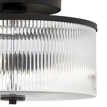 Dual-Socket Flush-Mount Fixture 14 Inch Black Brass Ribbed Glass Shade Hardwired Semi-Flush Overhead Light for Bedroom Entryway Dining Room