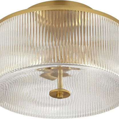 Dual-Socket Flush-Mount Fixture 14 Inch Black Brass Ribbed Glass Shade Hardwired Semi-Flush Overhead Light for Bedroom Entryway Dining Room