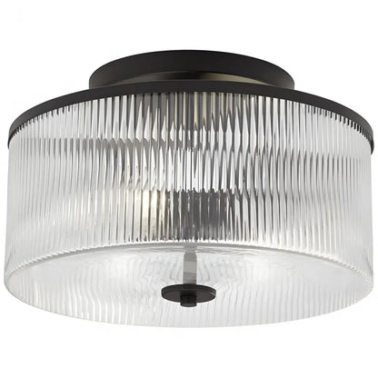 Dual-Socket Flush-Mount Fixture 14 Inch Black Brass Ribbed Glass Shade Hardwired Semi-Flush Overhead Light for Bedroom Entryway Dining Room