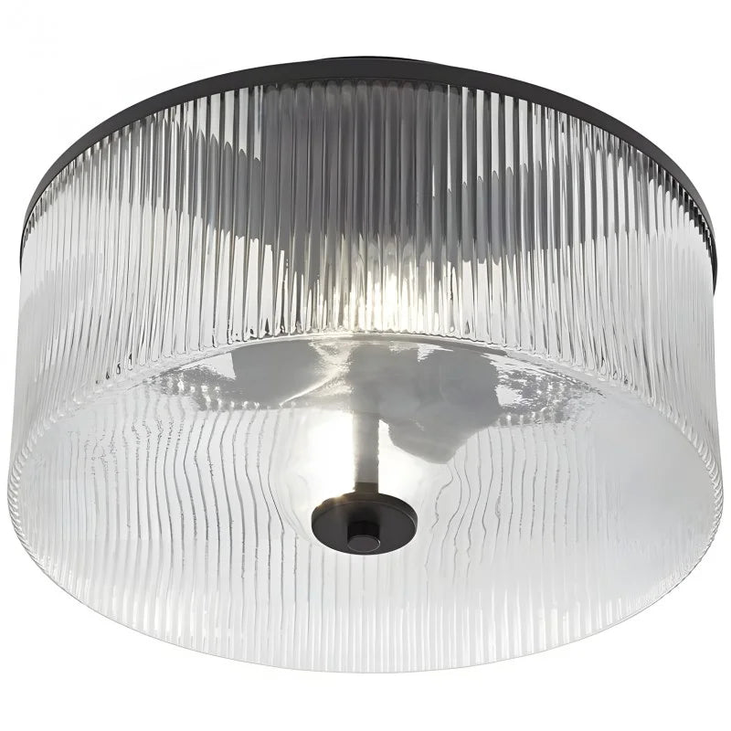 Dual-Socket Flush-Mount Fixture 14 Inch Black Brass Ribbed Glass Shade Hardwired Semi-Flush Overhead Light for Bedroom Entryway Dining Room
