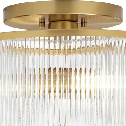 Dual-Socket Flush-Mount Fixture 14 Inch Black Brass Ribbed Glass Shade Hardwired Semi-Flush Overhead Light for Bedroom Entryway Dining Room