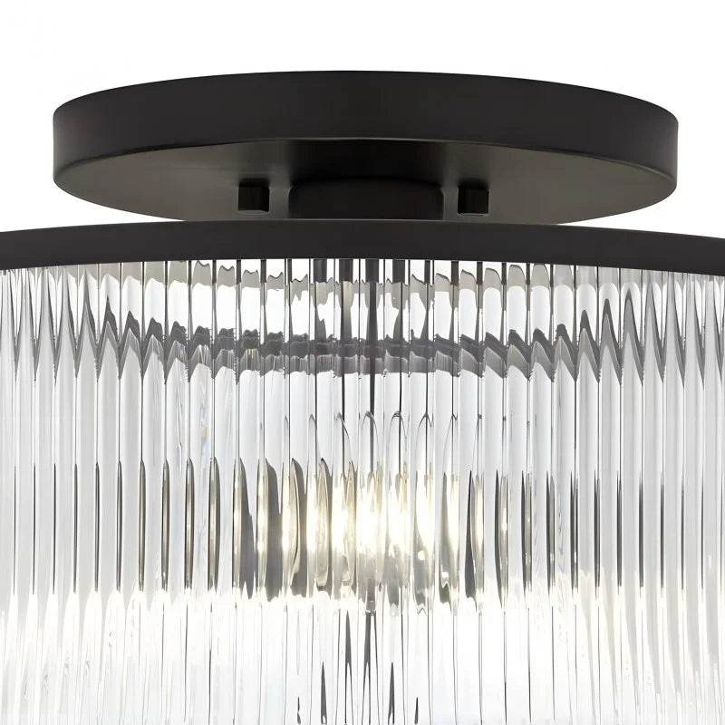 Dual-Socket Flush-Mount Fixture 14 Inch Black Brass Ribbed Glass Shade Hardwired Semi-Flush Overhead Light for Bedroom Entryway Dining Room
