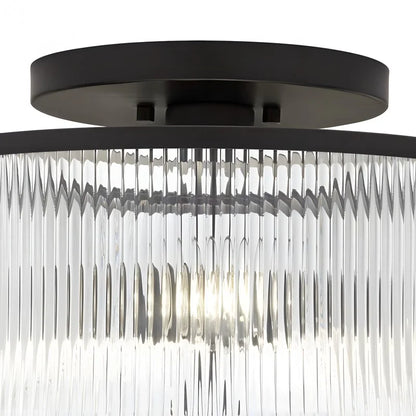 Dual-Socket Flush-Mount Fixture 14 Inch Black Brass Ribbed Glass Shade Hardwired Semi-Flush Overhead Light for Bedroom Entryway Dining Room