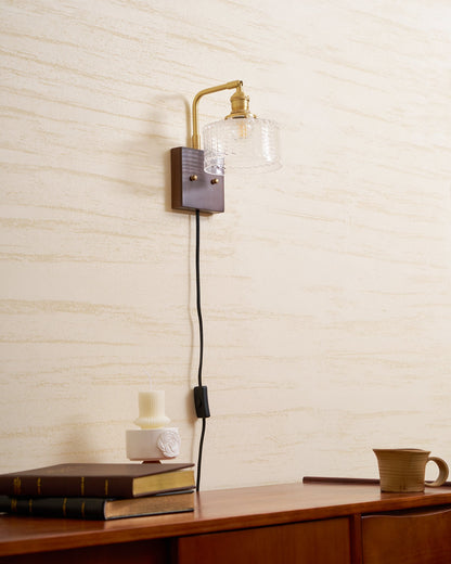 Handcrafted Wooden Sconce with Brass Accents and Emerald Fishscale Glass Shade for Hallway Bedroom Bathroom Ambient Lighting