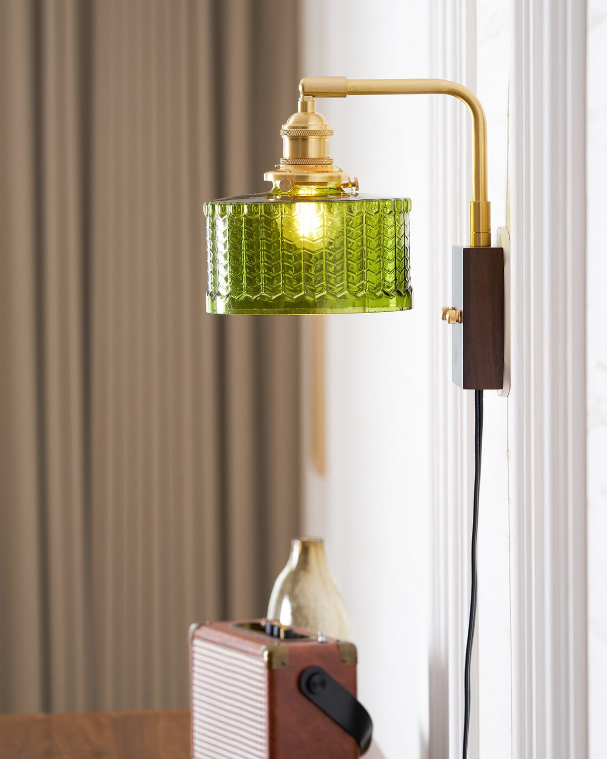 Handcrafted Wooden Sconce with Brass Accents and Emerald Fishscale Glass Shade for Hallway Bedroom Bathroom Ambient Lighting