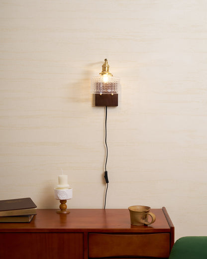 Handcrafted Wooden Sconce with Brass Accents and Emerald Fishscale Glass Shade for Hallway Bedroom Bathroom Ambient Lighting