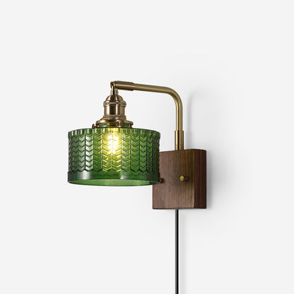 Handcrafted Wooden Sconce with Brass Accents and Emerald Fishscale Glass Shade for Hallway Bedroom Bathroom Ambient Lighting