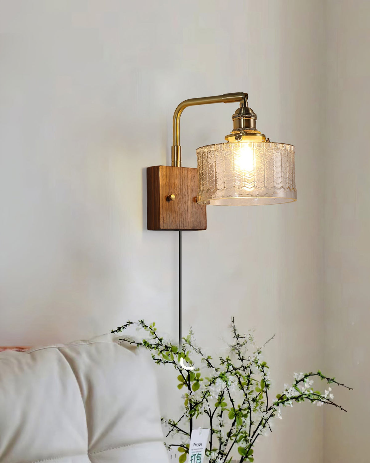 Handcrafted Wooden Sconce with Brass Accents and Emerald Fishscale Glass Shade for Hallway Bedroom Bathroom Ambient Lighting