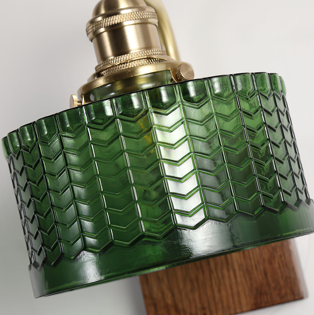 Handcrafted Wooden Sconce with Brass Accents and Emerald Fishscale Glass Shade for Hallway Bedroom Bathroom Ambient Lighting