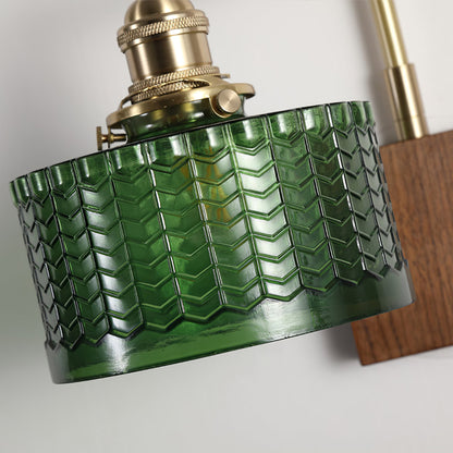 Handcrafted Wooden Sconce with Brass Accents and Emerald Fishscale Glass Shade for Hallway Bedroom Bathroom Ambient Lighting