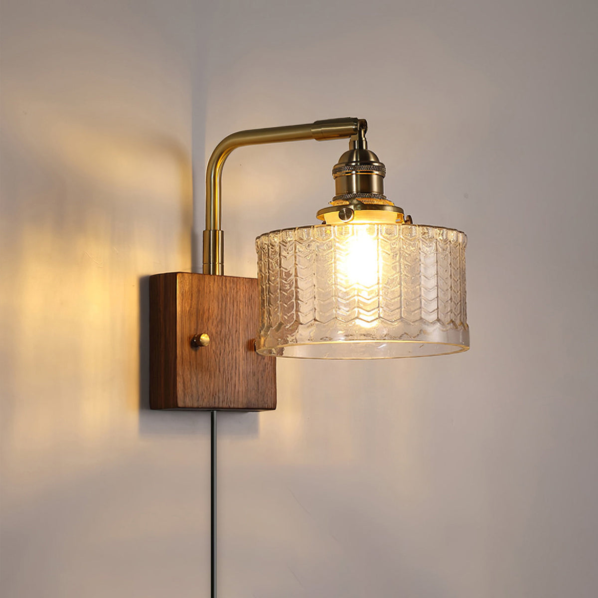 Handcrafted Wooden Sconce with Brass Accents and Emerald Fishscale Glass Shade for Hallway Bedroom Bathroom Ambient Lighting