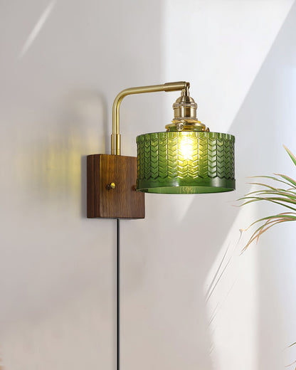 Handcrafted Wooden Sconce with Brass Accents and Emerald Fishscale Glass Shade for Hallway Bedroom Bathroom Ambient Lighting