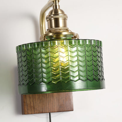 Handcrafted Wooden Sconce with Brass Accents and Emerald Fishscale Glass Shade for Hallway Bedroom Bathroom Ambient Lighting
