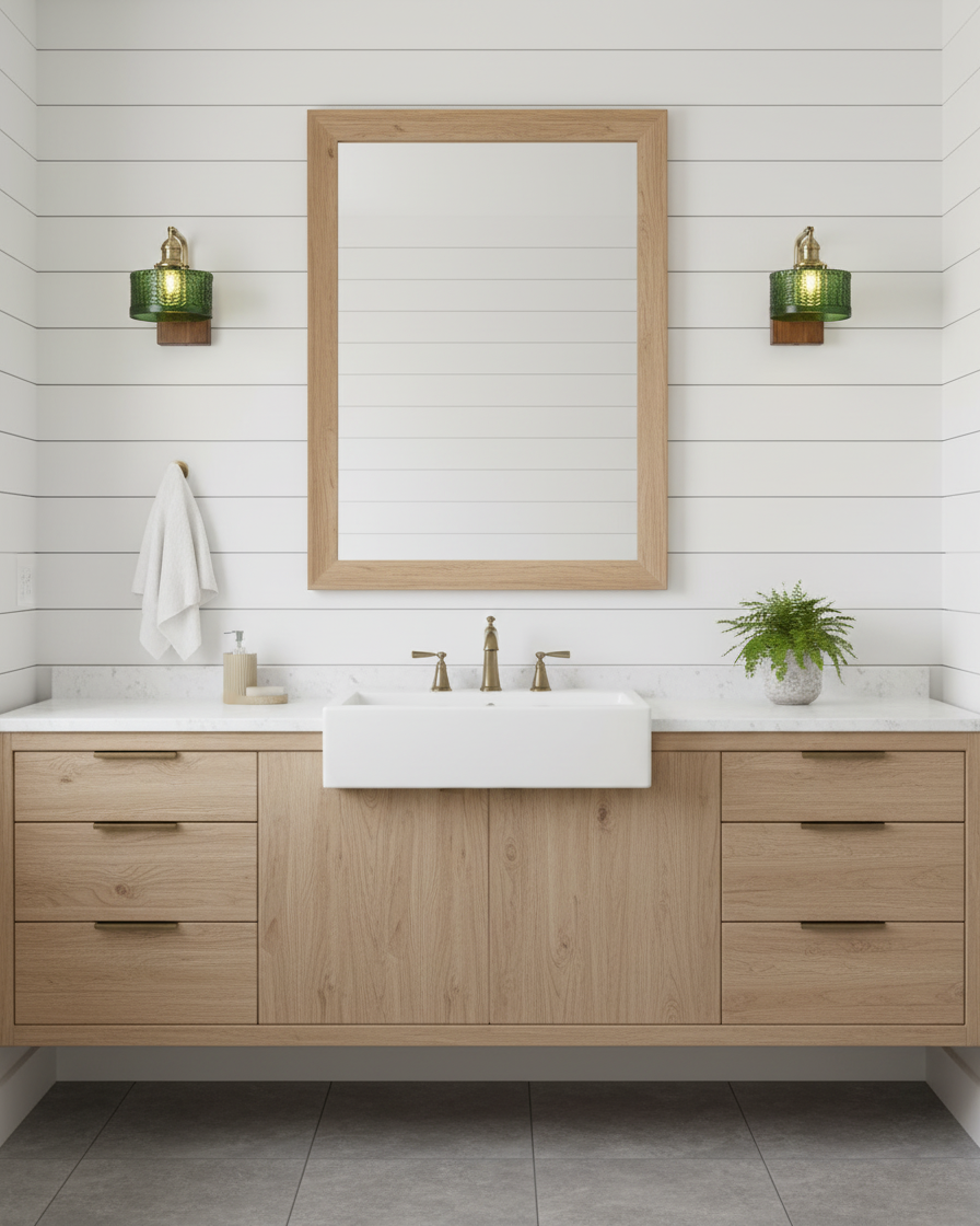 Sconce Fixture with Tinted Globe Shade – Wood & Metal Construction for Bathroom Vanity Bedroom Hallway – 9.4 Inch Diameter – Damp Location S